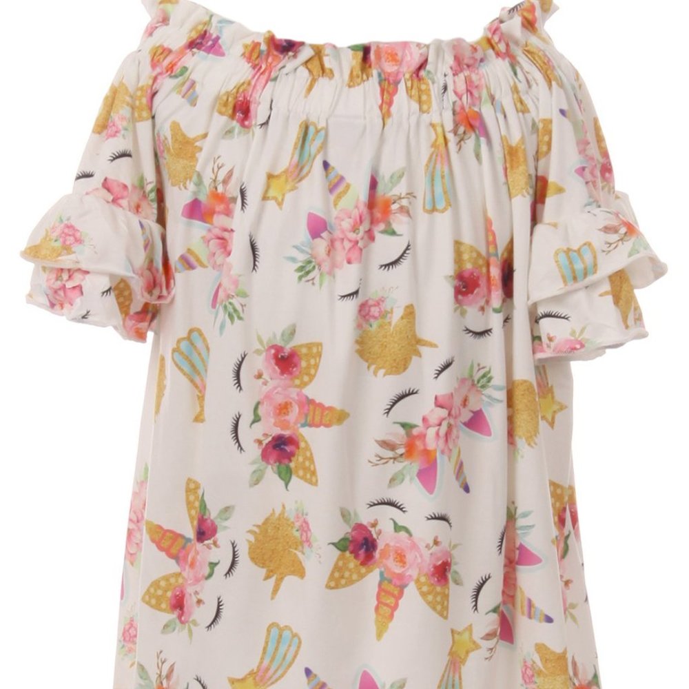 Little Girls Floral Unicorn Off Shoulder Birthday Party Flower Girl Dress Gold